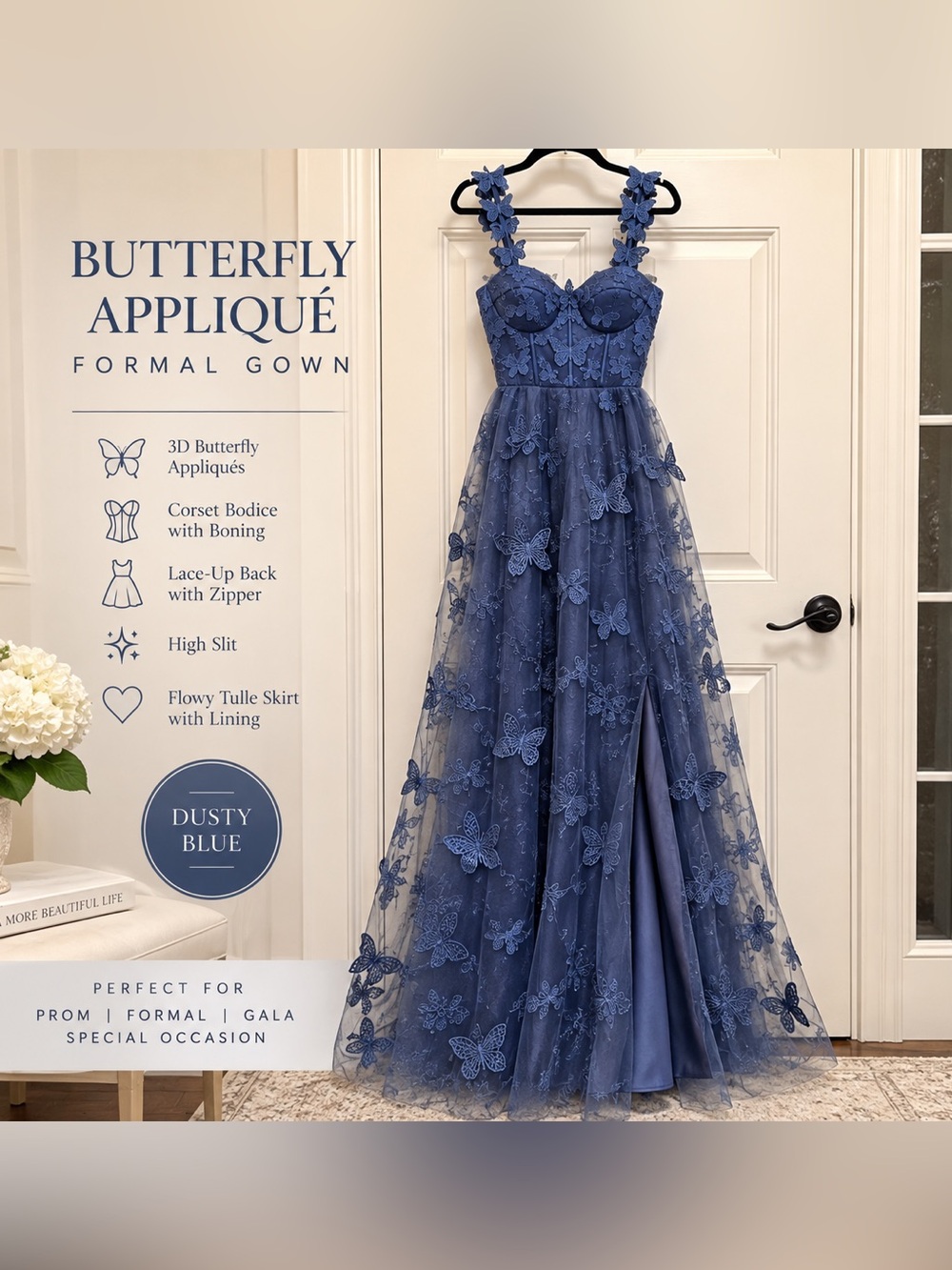 3D Butterfly Appliqué Corset Tulle Gown Dusty Blue XS-sm